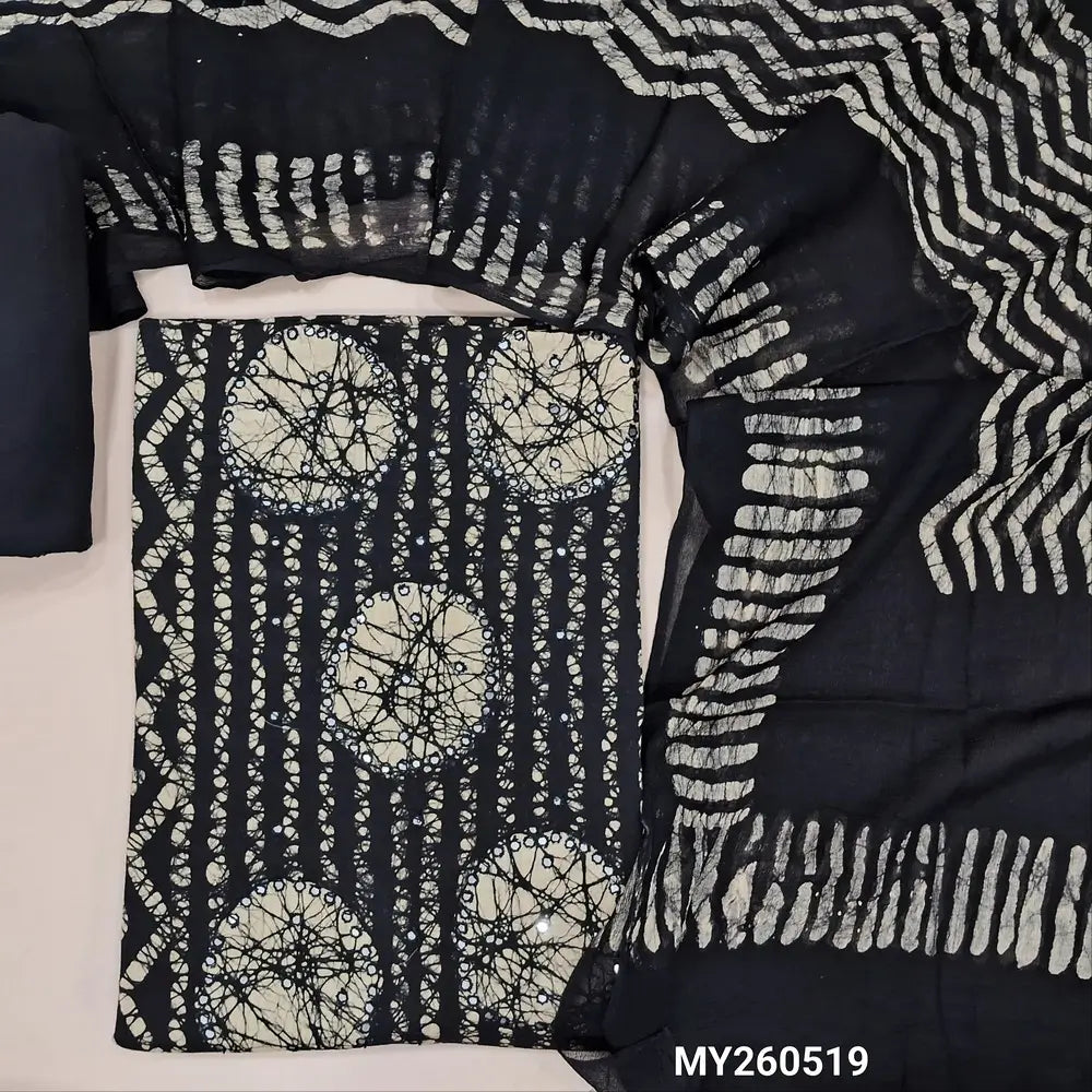 Black wax batik dyed pure cotton unstitched salwar material,panel design, faux mirror work on daman,(lining needed) pure cotton bottom, batik design on pure chiffon dupatta (TAPPING NEEDED). MY260519