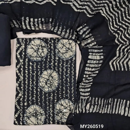 Black wax batik dyed pure cotton unstitched salwar material,panel design, faux mirror work on daman,(lining needed) pure cotton bottom, batik design on pure chiffon dupatta (TAPPING NEEDED). MY260519