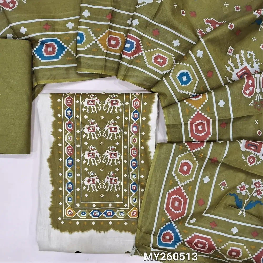 Light beige printed soft cotton unstitched salwar material,patola printed yoke with faux mirror,(thin,lining needed)dark olive green cotton bottom,patola printed mul cotton dupatta. MY260513