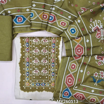 Light beige printed soft cotton unstitched salwar material,patola printed yoke with faux mirror,(thin,lining needed)dark olive green cotton bottom,patola printed mul cotton dupatta. MY260513