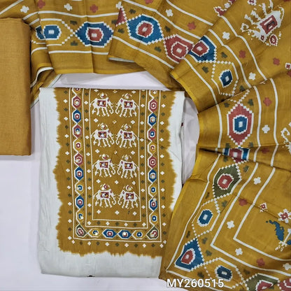 Light beige printed soft cotton unstitched salwar material,patola printed yoke with faux mirror,(thin,lining needed)mehandhi green cotton bottom,patola printed mul cotton dupatta. MY260515