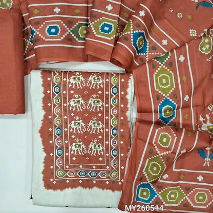 Light beige printed soft cotton unstitched salwar material,patola printed yoke with faux mirror,(thin,lining needed)dark brick red cotton bottom,patola printed mul cotton dupatta. MY260514