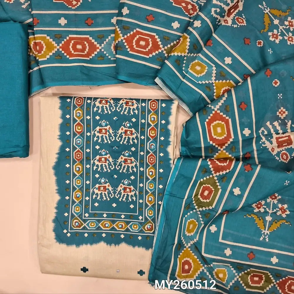 Light beige printed soft cotton unstitched salwar material,patola printed yoke with faux mirror,(thin,lining needed)dark teal blue cotton bottom,patola printed mul cotton dupatta. MY260512
