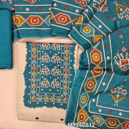 Light beige printed soft cotton unstitched salwar material,patola printed yoke with faux mirror,(thin,lining needed)dark teal blue cotton bottom,patola printed mul cotton dupatta. MY260512