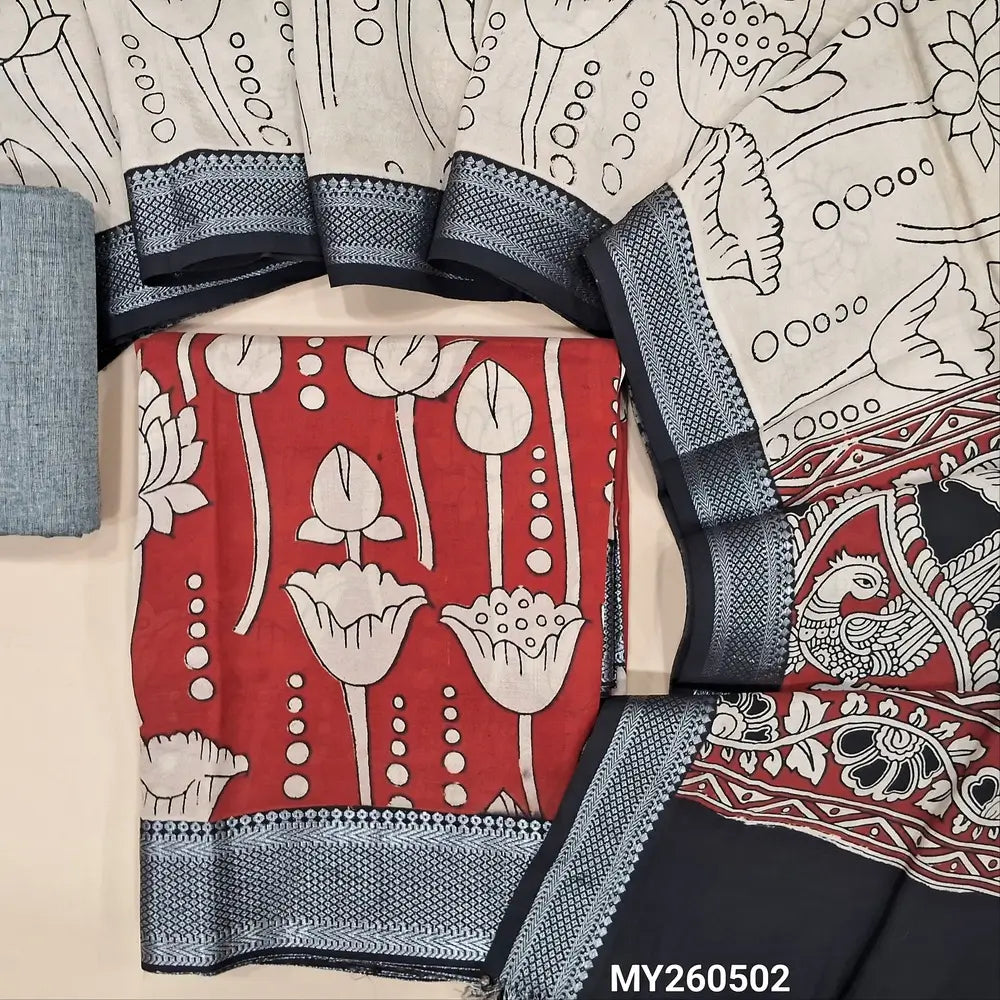 Maroon premium chanderi silk unstitched salwar material, original pen kalamkari all over,(lining needed)light grey handloom cotton bottom,pen kalamkari chanderi silk dupatta with nizam borders (INCONSISTENT STAINS ARE NOT DEFECTS). MY260502