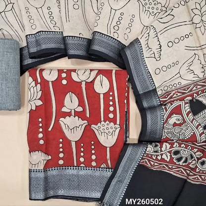 Maroon premium chanderi silk unstitched salwar material, original pen kalamkari all over,(lining needed)light grey handloom cotton bottom,pen kalamkari chanderi silk dupatta with nizam borders (INCONSISTENT STAINS ARE NOT DEFECTS). MY260502