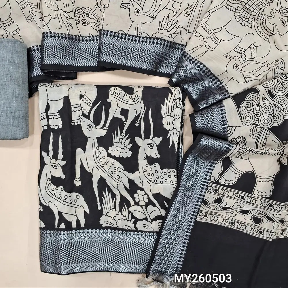 Black premium chanderi silk unstitched salwar material, original pen kalamkari all over,(lining needed)light grey handloom cotton bottom,pen kalamkari chanderi silk dupatta with nizam borders (INCONSISTENT STAINS ARE NOT DEFECTS). MY260503