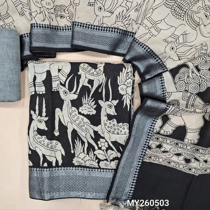 Black premium chanderi silk unstitched salwar material, original pen kalamkari all over,(lining needed)light grey handloom cotton bottom,pen kalamkari chanderi silk dupatta with nizam borders (INCONSISTENT STAINS ARE NOT DEFECTS). MY260503