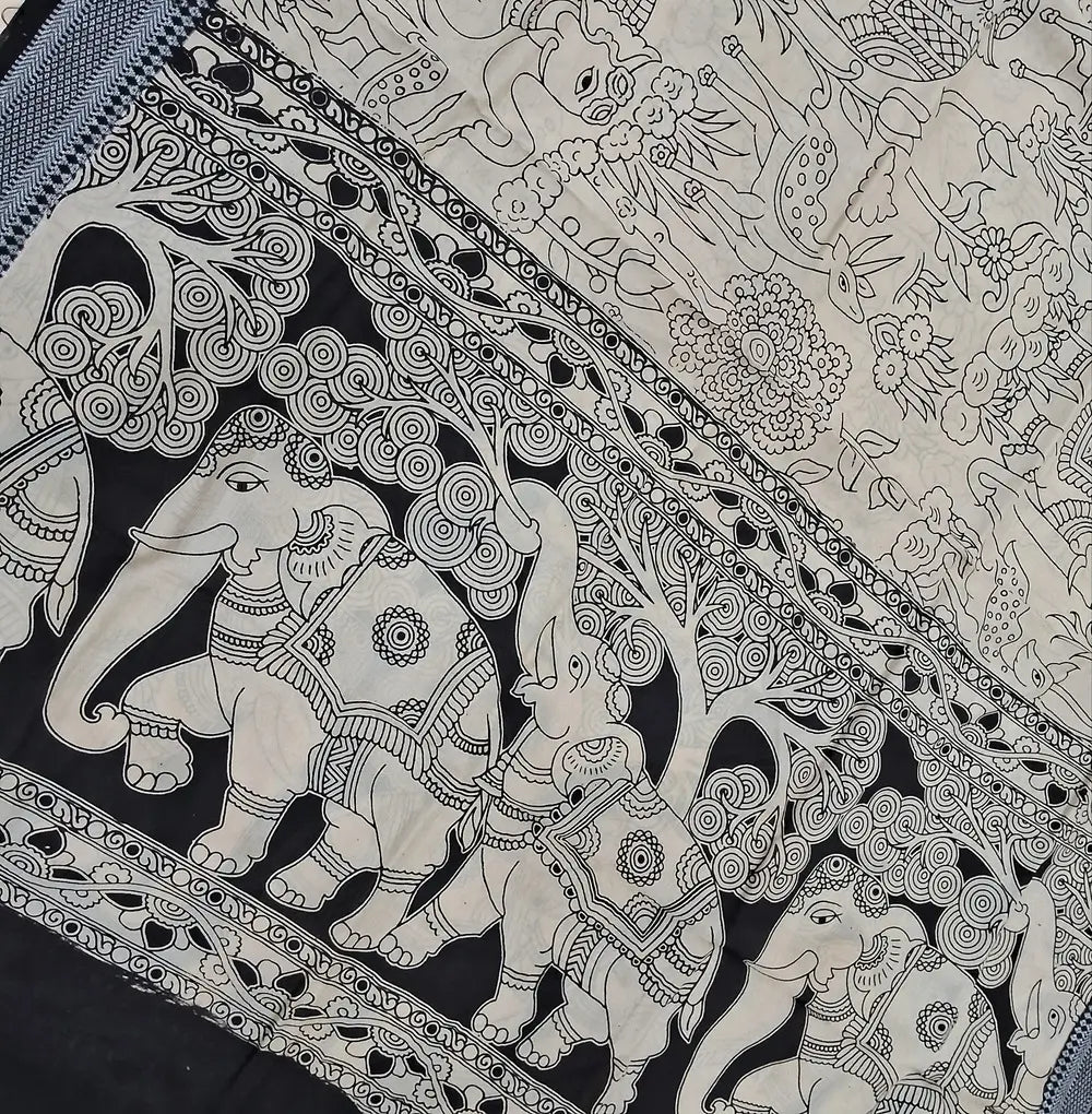 Black premium chanderi silk unstitched salwar material, original pen kalamkari all over,(lining needed)light grey handloom cotton bottom,pen kalamkari chanderi silk dupatta with nizam borders (INCONSISTENT STAINS ARE NOT DEFECTS). MY260503