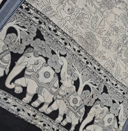 Black premium chanderi silk unstitched salwar material, original pen kalamkari all over,(lining needed)light grey handloom cotton bottom,pen kalamkari chanderi silk dupatta with nizam borders (INCONSISTENT STAINS ARE NOT DEFECTS). MY260503