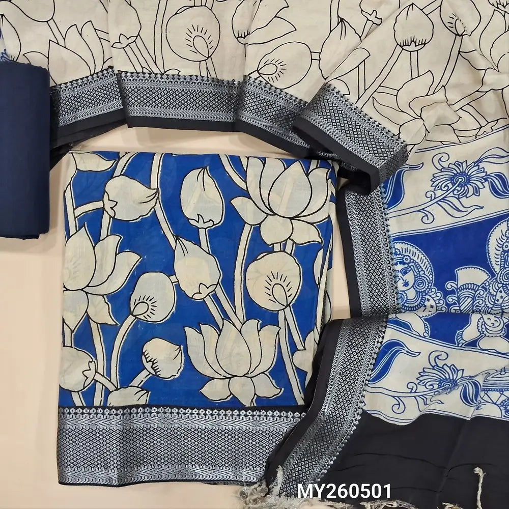 Royal blue premium chanderi silk unstitched salwar material, original pen kalamkari all over,(lining needed)lblue handloom cotton bottom,pen kalamkari chanderi silk dupatta with nizam borders (INCONSISTENT STAINS ARE NOT DEFECTS). MY260501