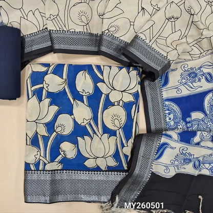 Royal blue premium chanderi silk unstitched salwar material, original pen kalamkari all over,(lining needed)lblue handloom cotton bottom,pen kalamkari chanderi silk dupatta with nizam borders (INCONSISTENT STAINS ARE NOT DEFECTS). MY260501
