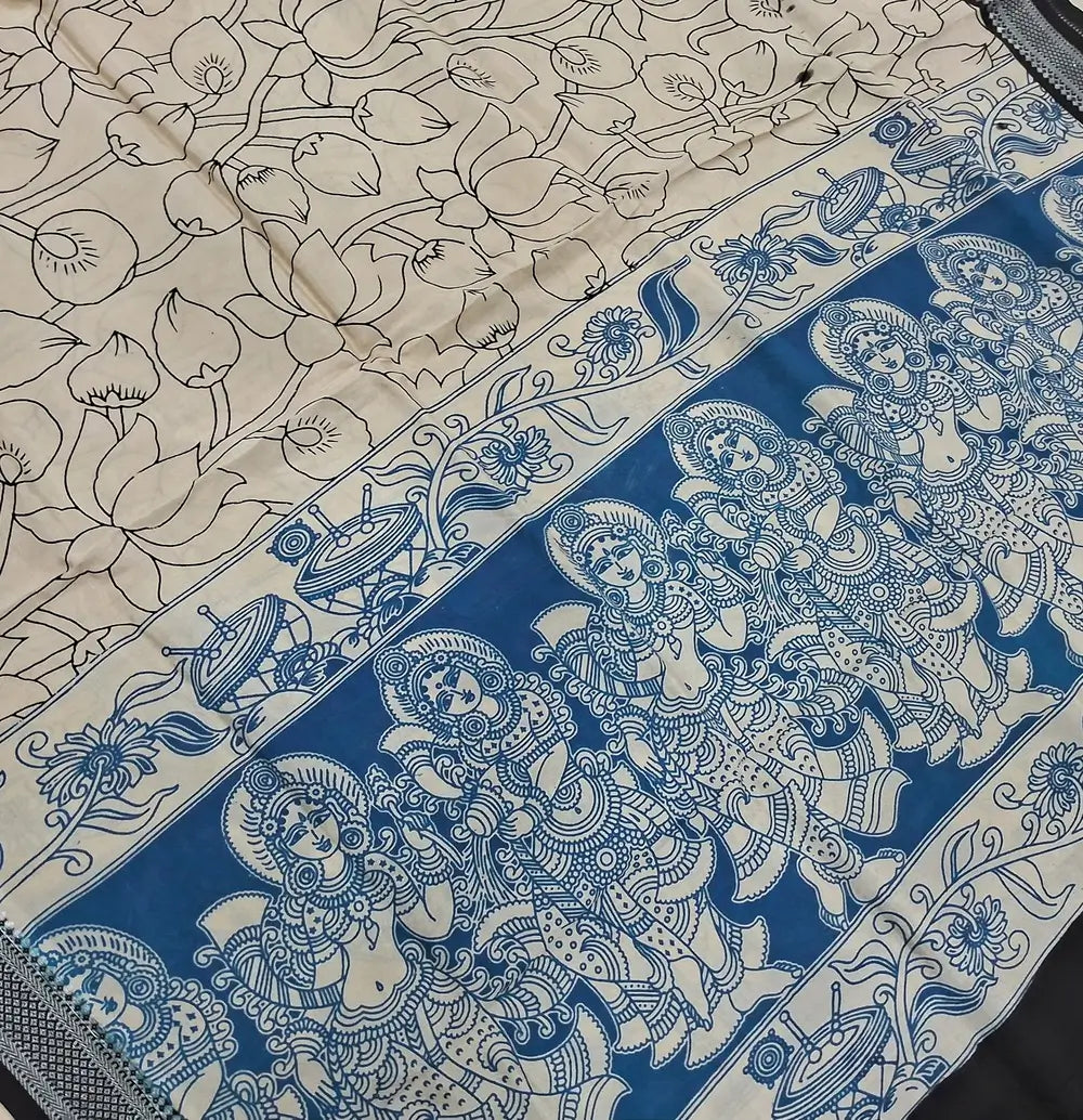 Royal blue premium chanderi silk unstitched salwar material, original pen kalamkari all over,(lining needed)lblue handloom cotton bottom,pen kalamkari chanderi silk dupatta with nizam borders (INCONSISTENT STAINS ARE NOT DEFECTS). MY260501