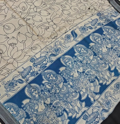 Royal blue premium chanderi silk unstitched salwar material, original pen kalamkari all over,(lining needed)lblue handloom cotton bottom,pen kalamkari chanderi silk dupatta with nizam borders (INCONSISTENT STAINS ARE NOT DEFECTS). MY260501