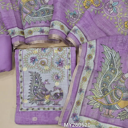 Lavender benarasi chanderi kota unstitched salwar material,kalamkari printed with zari and sequns on yoke,zari buttas all over,( lining needed)cotton bottom,kalamkari printed kota dupatta with gold tissue borders. MY260520