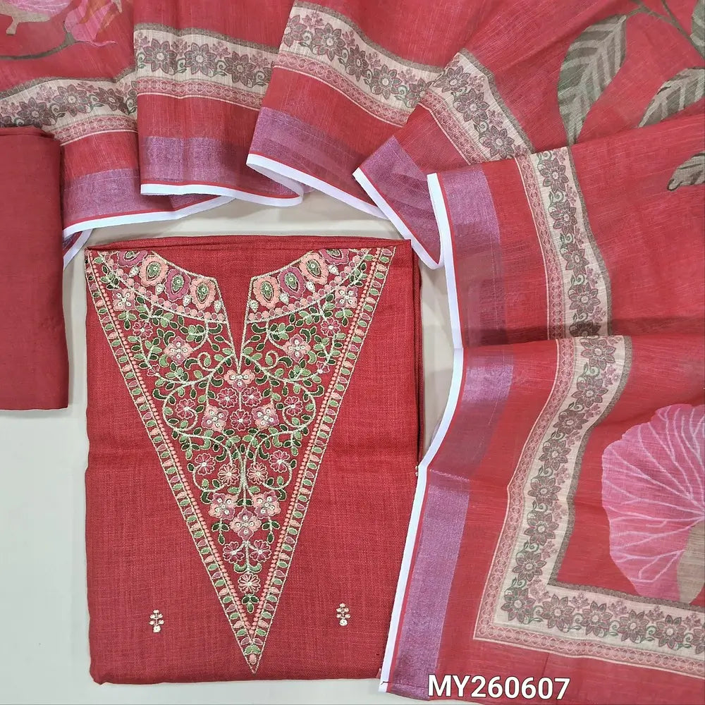 Dark peachish pink semi linen unstitched salwar material,thread embroidery & zari detaling on yoke,floral embroidery on front ( lining optional)matching santoom bottom,digital printed semi linen dupatta.MY260607