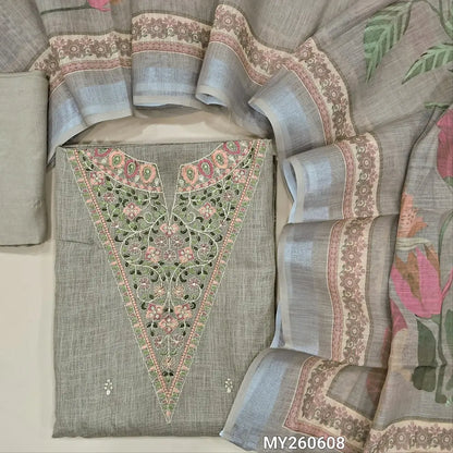 Greyish beige semi linen unstitched salwar material,thread embroidery & zari detaling on yoke,floral embroidery on front ( lining optional)matching santoom bottom,digital printed semi linen dupatta.MY260608