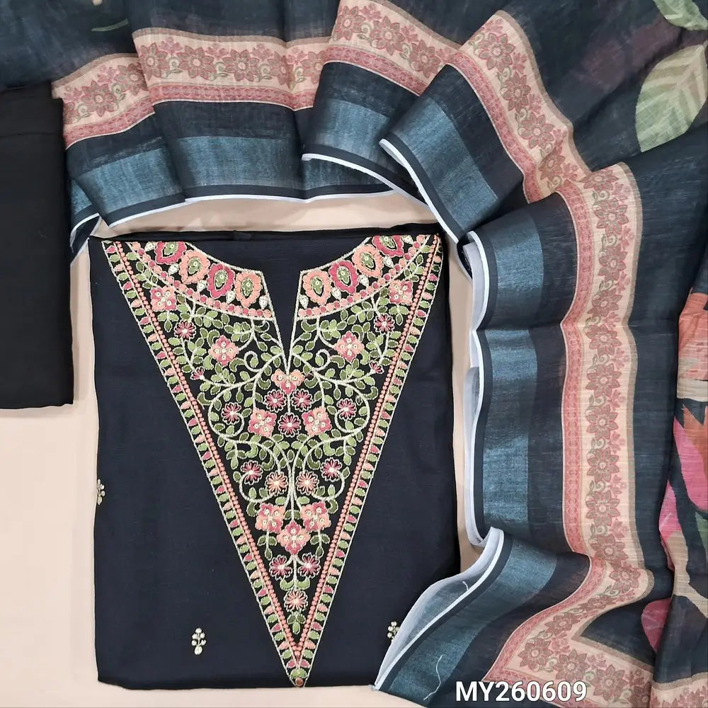 Black semi linen unstitched salwar material,thread embroidery & zari detaling on yoke,floral embroidery on front ( lining optional)matching santoom bottom,digital printed semi linen dupatta.MY260609