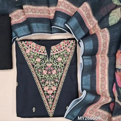 Black semi linen unstitched salwar material,thread embroidery & zari detaling on yoke,floral embroidery on front ( lining optional)matching santoom bottom,digital printed semi linen dupatta.MY260609