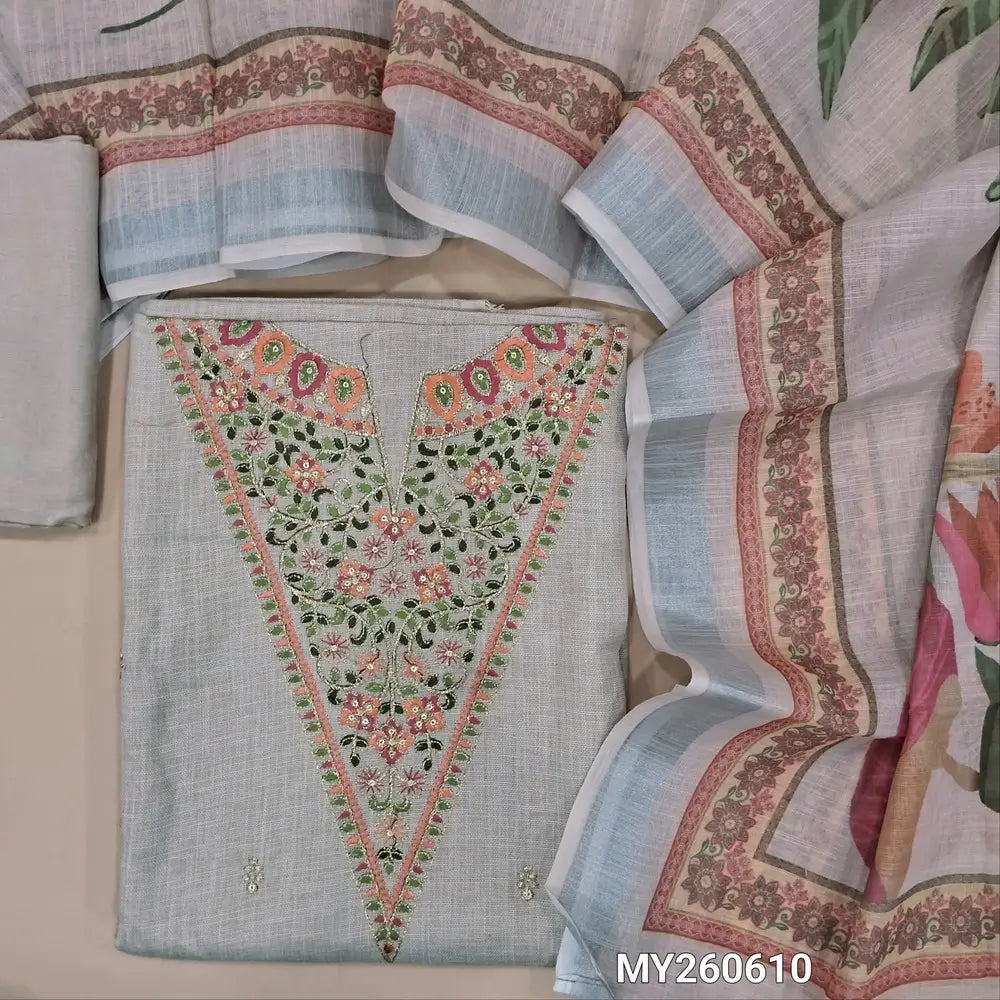 Light beige semi linen unstitched salwar material,thread embroidery & zari detaling on yoke,floral embroidery on front ( lining optional)matching santoom bottom,digital printed semi linen dupatta.MY260610