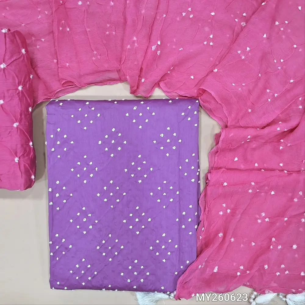 Purple shade pure cotton unstitched salwar material,french knot work on front, (lining needed) pink original bandhini dyed cotton bottom, tie and dye on pure chiffon dupatta. MY260623
