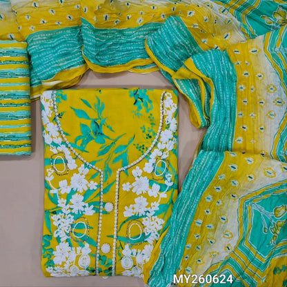 Sunshine yellow printed soft cotton unstitched salwar material,embroidery, cut bead, sugar bead and fancy buttons on yoke,(thin,lining optional)printed cotton bottom, printed crinkled soft pure cotton dupatta. MY260624