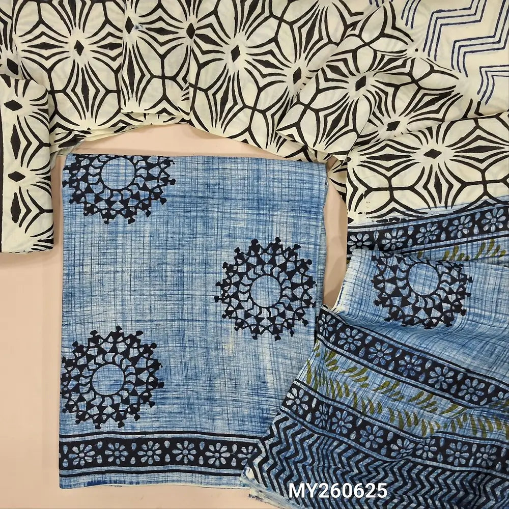 Denim blue bagru hand block printed pure mul cotton unstitched salwar material, (lining needed) hand block printed cotton bottom,block printed full length mul cotton dupatta. (TAPINGS NEEDED, INCONSISTENT PRINTS ARE NOT DEFECTS) MY260625