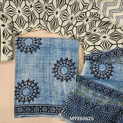 Denim blue bagru hand block printed pure mul cotton unstitched salwar material, (lining needed) hand block printed cotton bottom,block printed full length mul cotton dupatta. (TAPINGS NEEDED, INCONSISTENT PRINTS ARE NOT DEFECTS) MY260625
