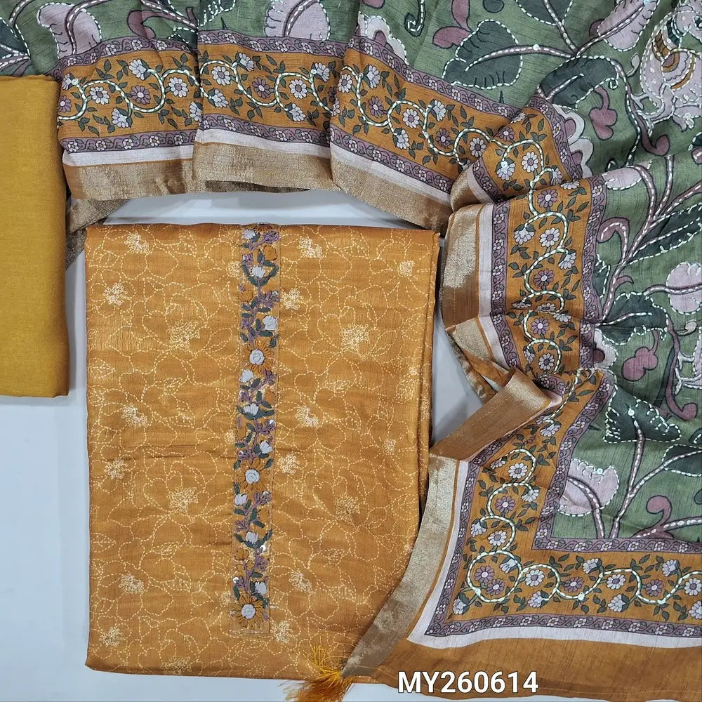 Mehandhi yellow floral printed premium tussar unstitched salwar material,hand embroidery work on yoke,( lining needed)santoon bottom, kalamkari printed and kantha stitch work on semi tussar dupatta. MY260614