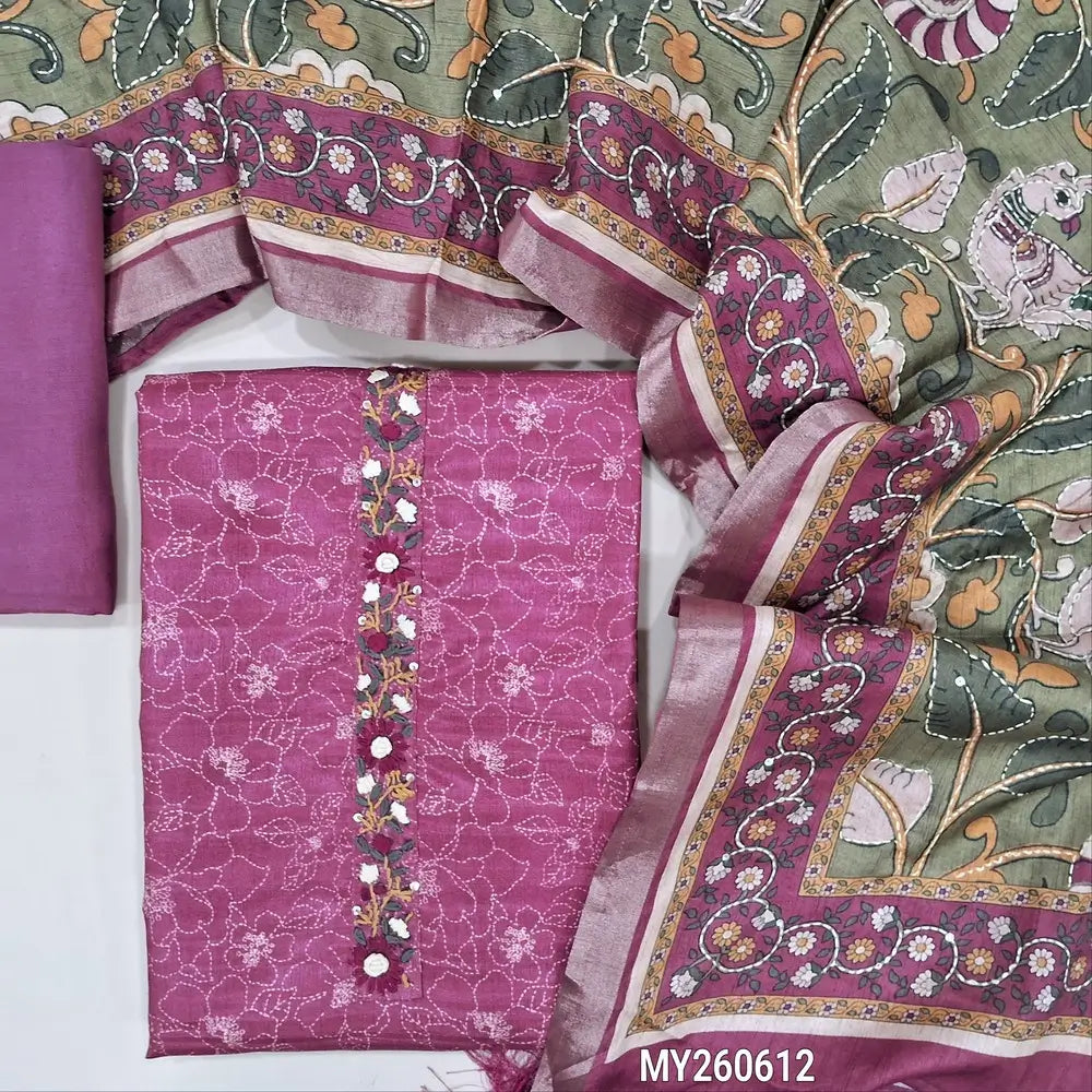 Pink floral printed premium tussar unstitched salwar material,hand embroidery work on yoke,( lining needed)santoon bottom, kalamkari printed and kantha stitch work on semi tussar dupatta. MY260612