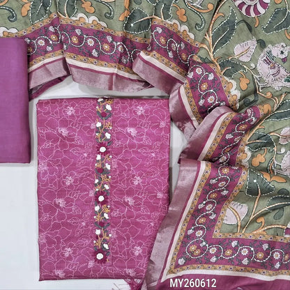 Pink floral printed premium tussar unstitched salwar material,hand embroidery work on yoke,( lining needed)santoon bottom, kalamkari printed and kantha stitch work on semi tussar dupatta. MY260612