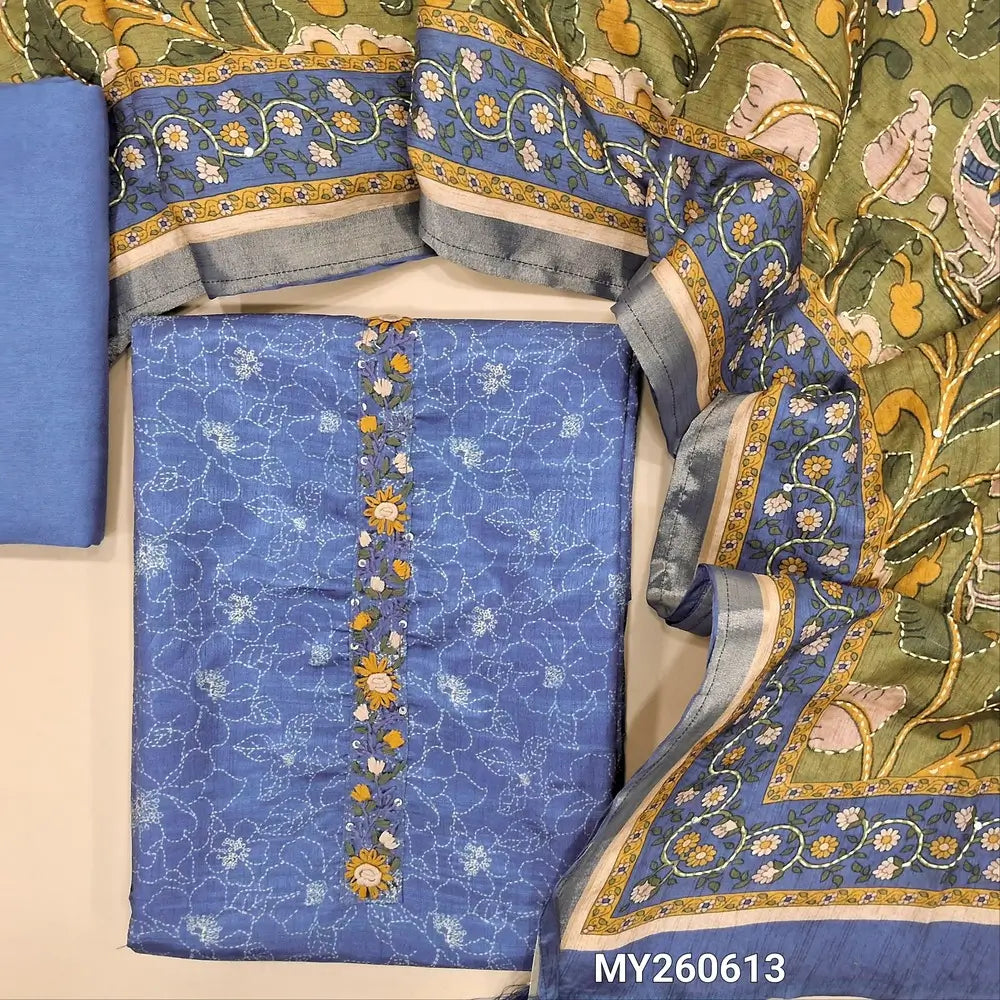 Blue floral printed premium tussar unstitched salwar material,hand embroidery work on yoke,( lining needed)santoon bottom, kalamkari printed and kantha stitch work on semi tussar dupatta. MY260613