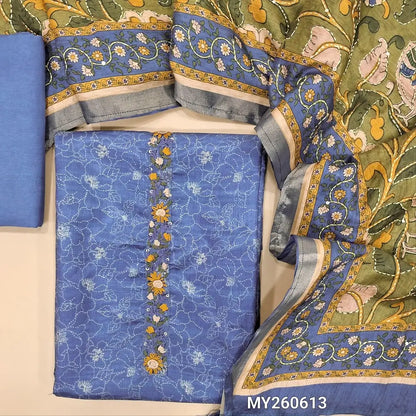 Blue floral printed premium tussar unstitched salwar material,hand embroidery work on yoke,( lining needed)santoon bottom, kalamkari printed and kantha stitch work on semi tussar dupatta. MY260613