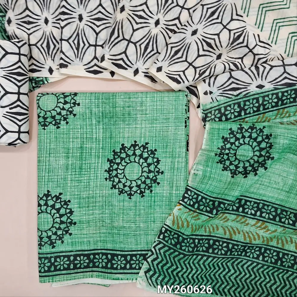 Green shade bagru hand block printed pure mul cotton unstitched salwar material, (lining needed) hand block printed cotton bottom,block printed full length mul cotton dupatta. (TAPINGS NEEDED, INCONSISTENT PRINTS ARE NOT DEFECTS) MY260626