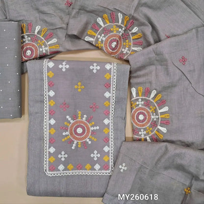 Light mauve soft cotton unstitched salwar material,embroidery work on yoke, vertical lines on front,(lining optional)polka dots cotton bottom,thread embroidery work on mul cotton dupatta. MY260618