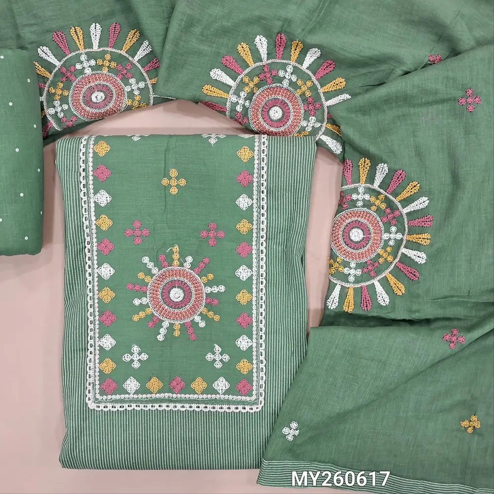 Sage green soft cotton unstitched salwar material,embroidery work on yoke, vertical lines on front,(lining optional)polka dots cotton bottom,thread embroidery work on mul cotton dupatta. MY260617
