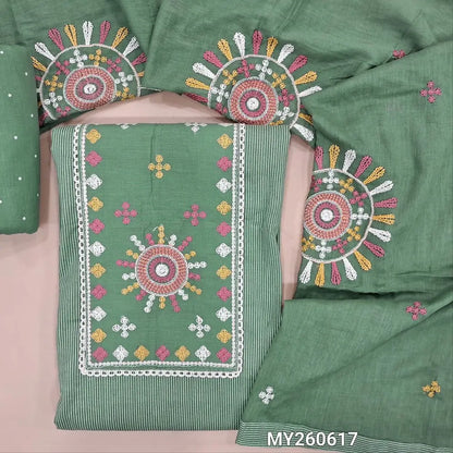 Sage green soft cotton unstitched salwar material,embroidery work on yoke, vertical lines on front,(lining optional)polka dots cotton bottom,thread embroidery work on mul cotton dupatta. MY260617