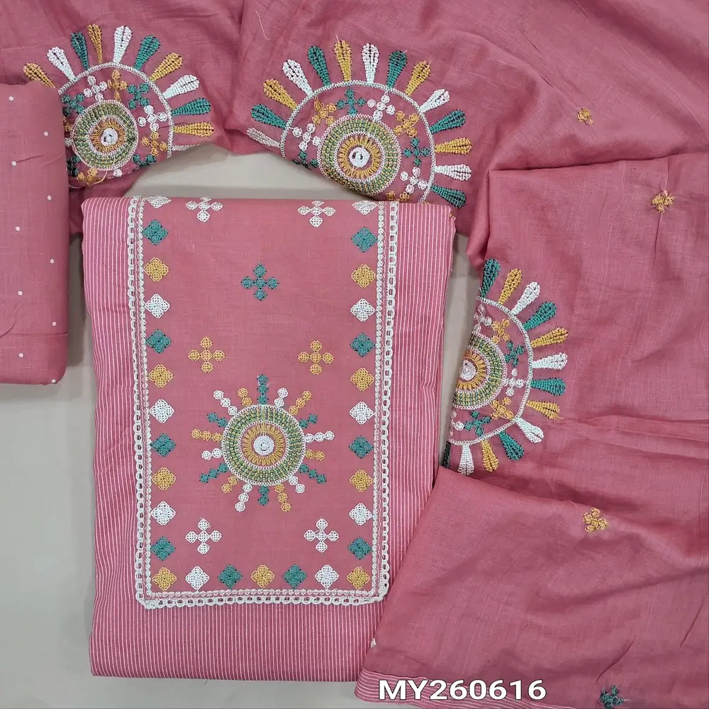 Pastel pink soft cotton unstitched salwar material,embroidery work on yoke, vertical lines on front,(lining optional)polka dots cotton bottom,thread embroidery work on mul cotton dupatta. MY260616