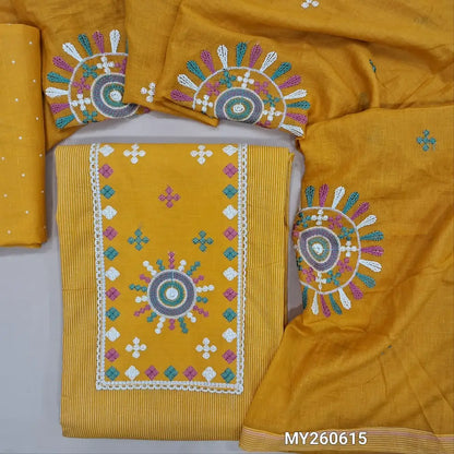 Pastel yellow soft cotton unstitched salwar material,embroidery work on yoke, vertical lines on front,(lining optional)polka dots cotton bottom,thread embroidery work on mul cotton dupatta. MY260615