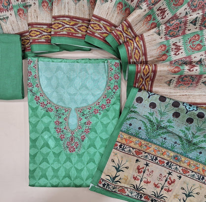 Pastel green printed semi tussar unstitched salwar material, thread& zari work on yoke(thin fabric, lining needed)matching santoon bottom, digital patola printed silk cotton dupatta. CODE OC241007