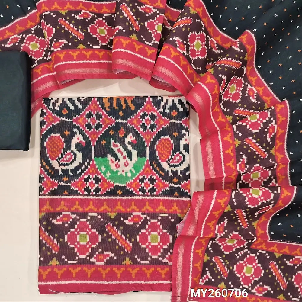Black digital printed silk cotton unstitched salwar material (lining needed) patola printed allover, matching silky bottom,digital printed silk cotton dupatta. MY260706