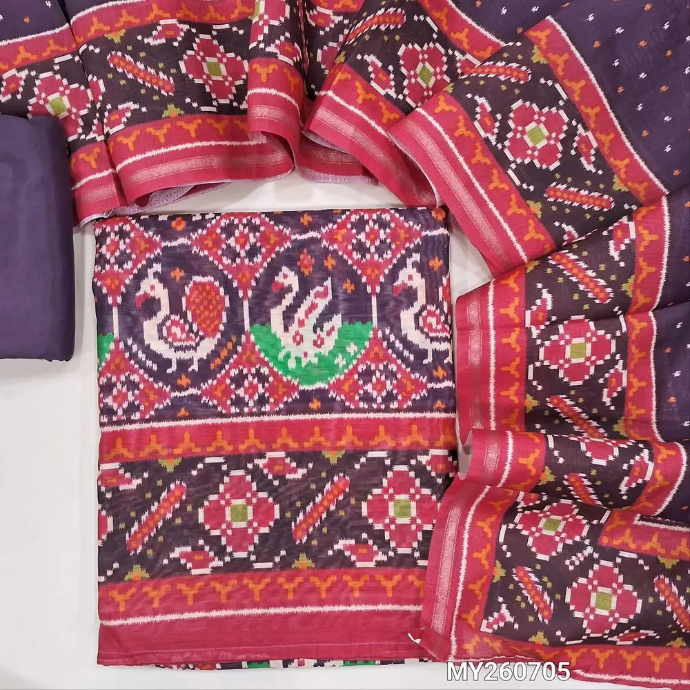 Dark beetroot purple digital printed silk cotton unstitched salwar material (lining needed) patola printed allover, matching silky bottom,digital printed silk cotton dupatta. MY260705
