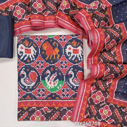 Dark blue digital printed silk cotton unstitched salwar material (lining needed) patola printed allover, matching silky bottom,digital printed silk cotton dupatta. MY260708