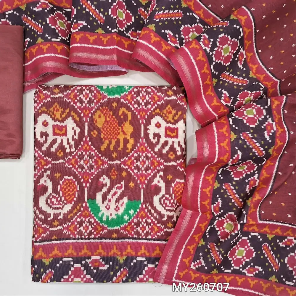 maroon digital printed silk cotton unstitched salwar material (lining needed) patola printed allover, matching silky bottom,digital printed silk cotton dupatta. MY260707