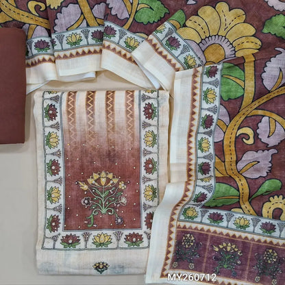 Beige floral printed semi linen unstitched salwar material (lining needed) printed,zari & sequins work on yoke and daman, maroon spun cotton bottom, kalamkari printed semi linen dupatta. MY260712
