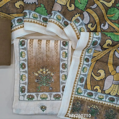 Beige floral printed semi linen unstitched salwar material (lining needed) printed,zari & sequins work on yoke and daman, light brown spun cotton bottom, kalamkari printed semi linen dupatta. MY260710