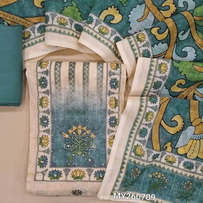 Beige floral printed semi linen unstitched salwar material (lining needed) printed,zari & sequins work on yoke and daman, teal blue spun cotton bottom, kalamkari printed semi linen dupatta. MY260709