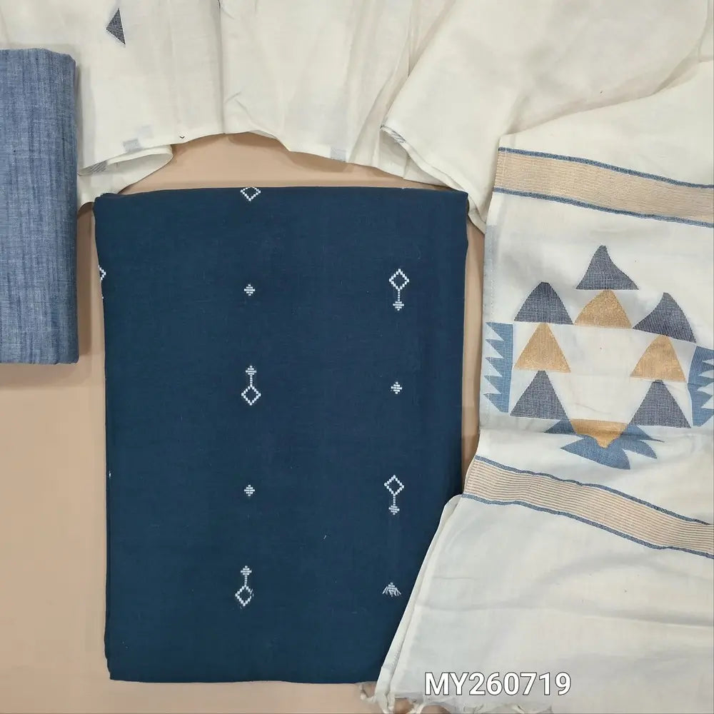 Blue premium handloom cotton unstitched salwar material,thread woven all over,(lining optional)denim blue handloom cotton bottom,jamdani weaving on soft mul cotton dupatta. MY260719