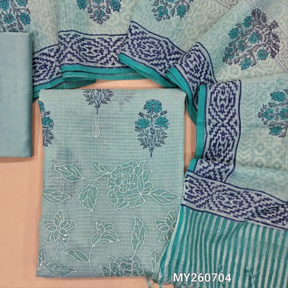 Powder blue hand block printed premium kota unstitched salwar material, applique work, thread embroidery and sequins work on daman,(Lining Needed)silky bottom, hand block printed kota dupatta(TAPPING NEEDED). MY260704