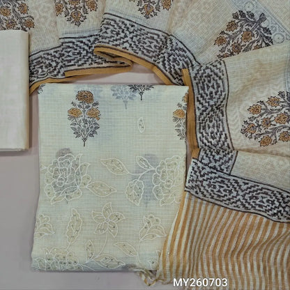 Off white hand block printed premium kota unstitched salwar material, applique work, thread embroidery and sequins work on daman,(Lining Needed)silky bottom, hand block printed kota dupatta(TAPPING NEEDED). MY260703